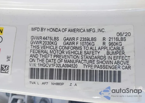 2020 Honda Accord Sport из США, поврежденный, VIN 1HGCV1F32LA094520